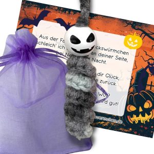 Sorgenwürmchen Glückswürmchen Halloween Kürbis Mitgebsel Kinder Halloweenparty weiß schwarz meliert