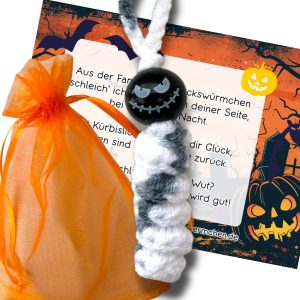 Sorgenwürmchen Glückswürmchen Halloween Kürbis Mitgebsel Kinder Halloweenparty schwarz weiß meliert