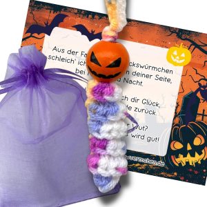 Sorgenwürmchen Glückswürmchen Halloween Kürbis Mitgebsel Kinder Halloweenparty Geschenk lila